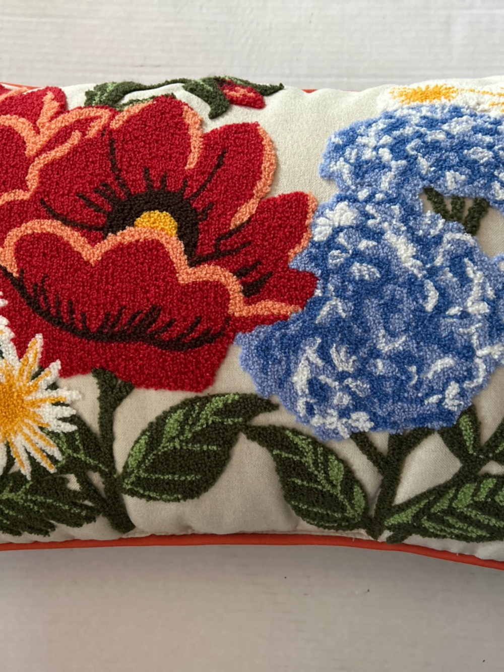 Hand-Hooked Floral Accent Pillow in Red, Blue & Green - Unbranded